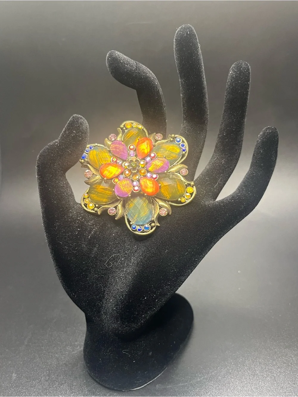 Vintage statement flower brooch iridescent resin rhinestone pin multicolor